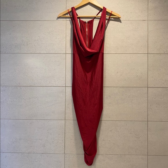 red slinky cowl neck dress